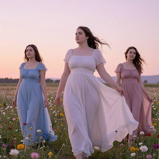 Photograph of three women in flowing dresses (white, blue, pink) walking through a colorful meadow at sunset, with soft, pastel hues
