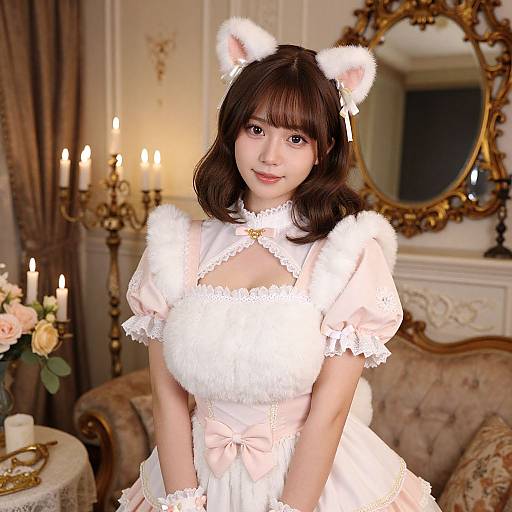 Photograph of a young Asian woman in a white, frilly, cat-ear headband and dress, standing in an ornate, candlelit