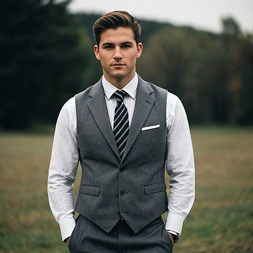 Man in Semi-Formal Grey Vest Outfit Outdoors