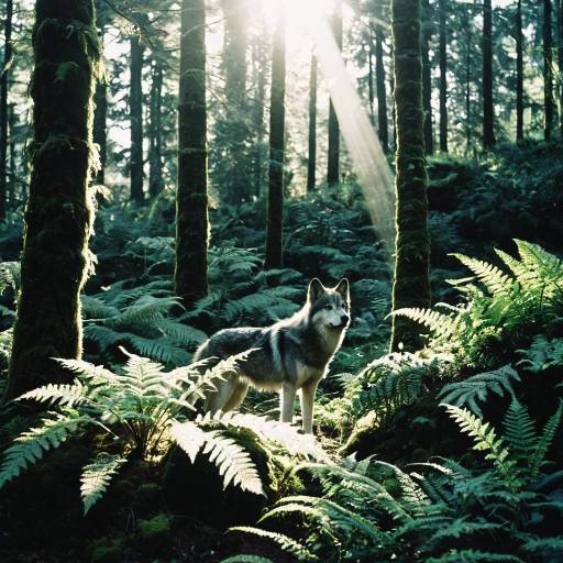 Wolf in Sunlit Forest Ferns