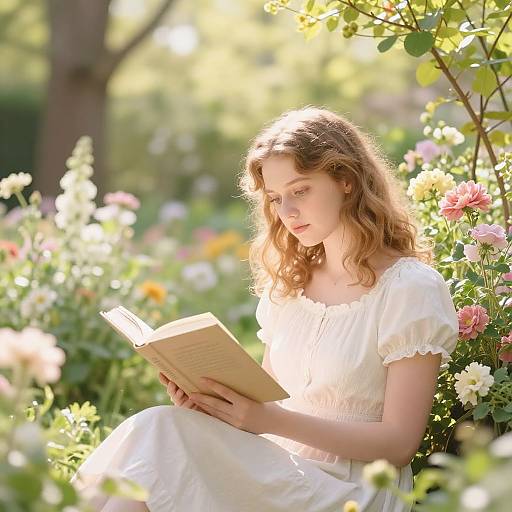 Serene Garden Reading with Blooming Flowers