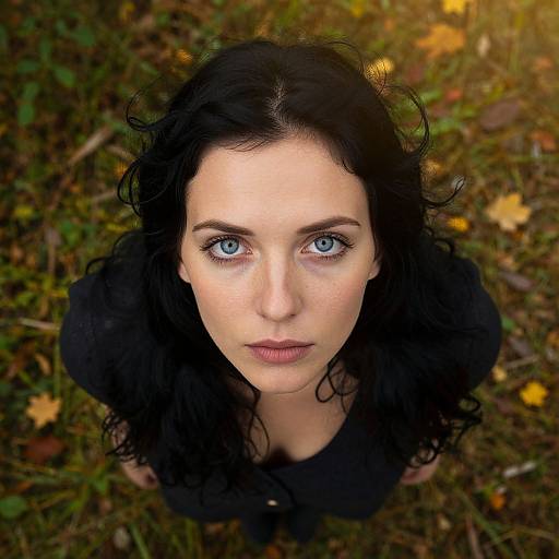 Photograph of a fair-skinned woman with striking blue eyes, long black curly hair, wearing a black top, looking up at the camera in a
