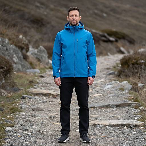 Photograph of a bearded man with short dark hair, wearing a blue jacket, black pants, and black sneakers, standing on a rocky mountain trail