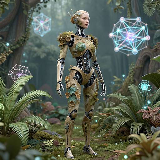 CGI image of a futuristic, humanoid robot with gold and black armor, standing in a lush, magical forest with glowing, geometric orbs.