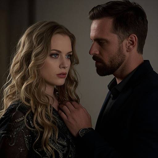 Photograph of a serious, bearded man gently touching a blonde woman with wavy hair, both wearing dark clothing, in dim lighting.