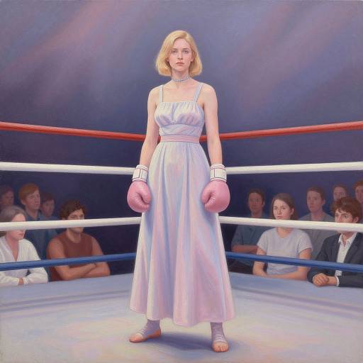 Photograph of a blonde woman in a white, sleeveless dress and pink boxing gloves standing in a boxing ring, with spectators in the background.