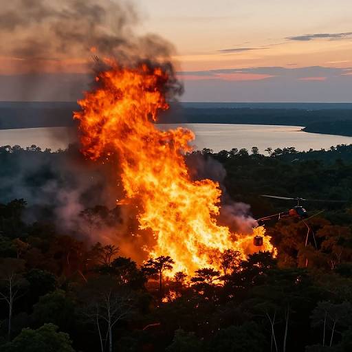 Helicopter Fighting Forest Fire at Sunset