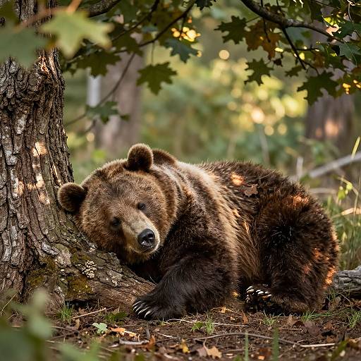 Photograph of a large, brown bear with shaggy fur, lying against a tree trunk in a sun-dappled forest, surrounded by green