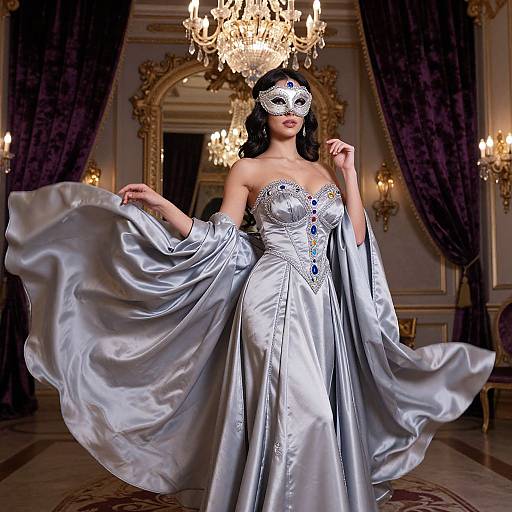 Photograph of a woman in a silver satin ball gown with wide sleeves, white mask, and blue gem accents, standing in an opulent room with