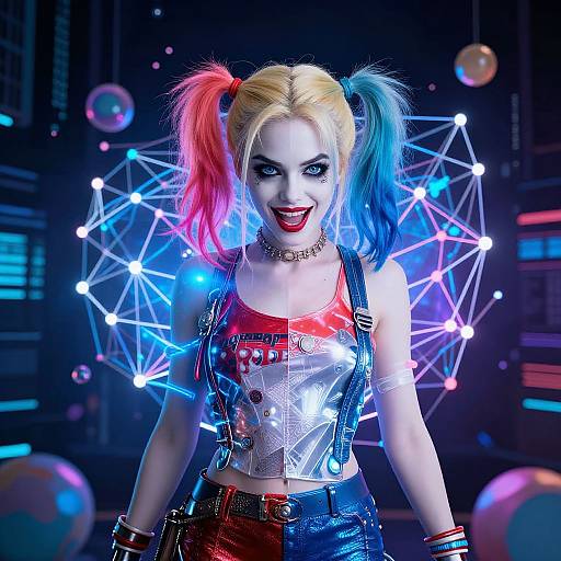 Photorealistic CGI of Harley Quinn with colorful pigtails, metallic top, and blue-red pants, smiling mischievously against neon geometric background