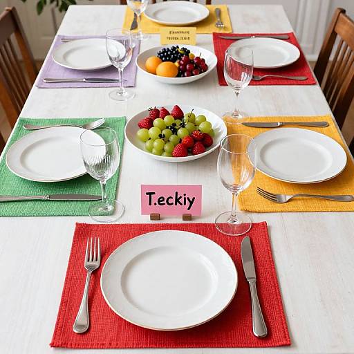 Photograph of a colorful, neatly set dining table with white plates, varied placemats, glassware, fruit bowls, and 