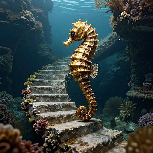 Photograph of a golden, spiky seahorse swimming up underwater stone steps surrounded by colorful coral and marine plants, bathed in blue ocean light