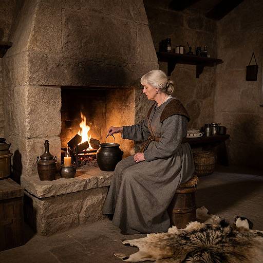 Photograph of a gray-haired woman in a dark medieval dress, sitting by a stone fireplace, pouring water from a black kettle into a pot, in