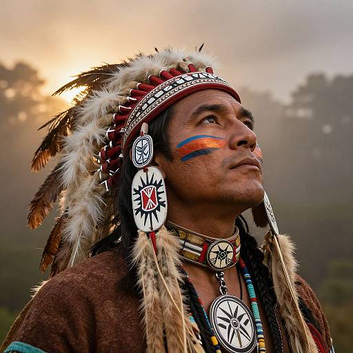 Photograph of Native American man with feathered headpiece, colorful face paint, traditional jewelry, looking up at sunset in forest.