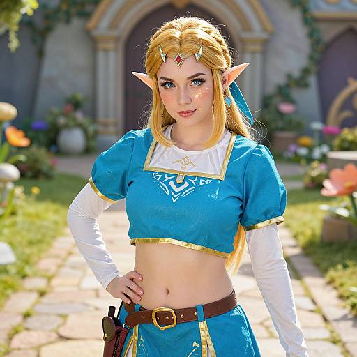 Digital art of a blonde, blue-eyed elf woman in a blue Zelda outfit, standing in a sunlit garden with a stone archway.