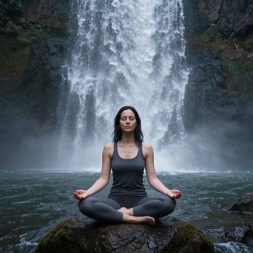 Photograph of a dark-haired woman in a black tank top and leggings, meditating cross-legged on a rock in front of a powerful waterfall.