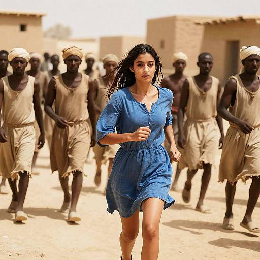 Young Woman Running in Desert Village