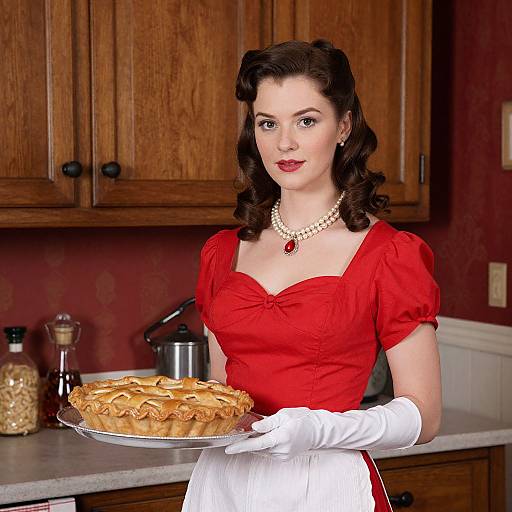 Vintage-style photograph of a fair-skinned woman with dark, wavy hair, wearing a red dress, white gloves, and pearl necklace, holding a