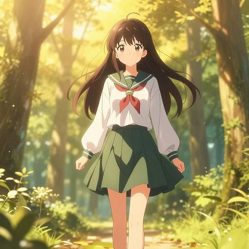 Anime-style digital drawing of a young girl with long black hair, wearing a white sailor uniform and green skirt, walking through a sunlit forest.