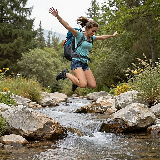 Photograph of a joyful young woman with brown ponytail, blue backpack, turquoise shirt, and denim shorts, jumping over a rocky stream in a lush