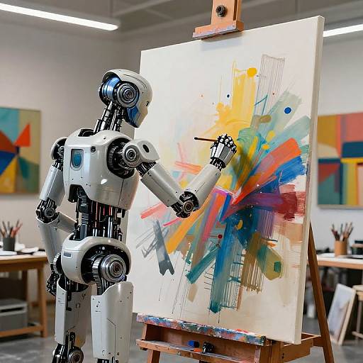 Photograph of a white robotic arm painting a vibrant abstract canvas with splashes of red, blue, yellow, and orange in an art studio.
