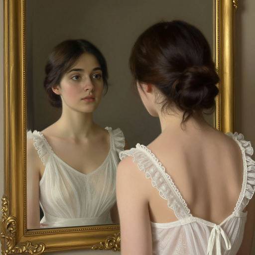 Photograph of a young woman with fair skin and dark hair in a bun, wearing a white, lace-trimmed, backless nightgown