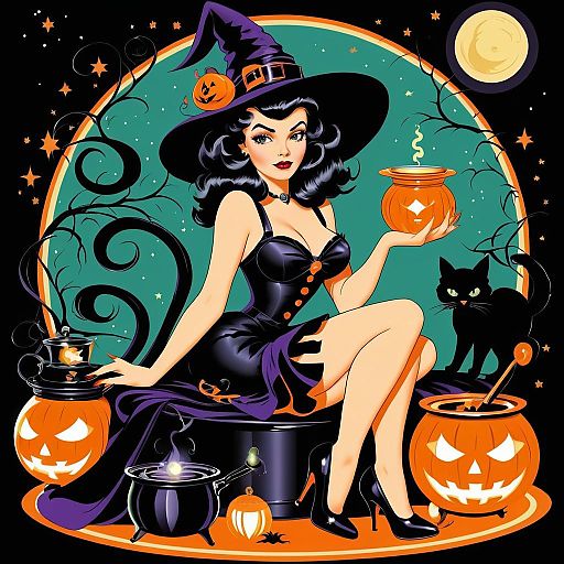 Vintage Pin-Up Witch with Halloween Charm Vintage Pin-Up Witch with Halloween Charm