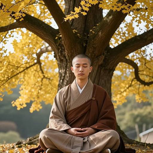 Photograph of a serene male Buddhist monk with shaved head, closed eyes, and brown and beige robes, sitting cross-legged under a large tree with vibrant