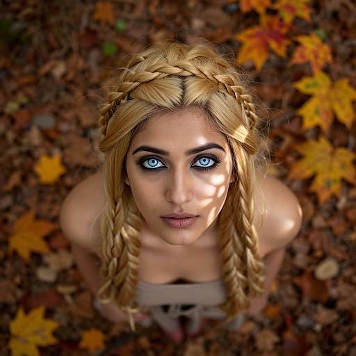 Photograph of a blonde woman with braided hair, bright blue eyes, and fair skin, looking up from an autumn leaf-covered ground.