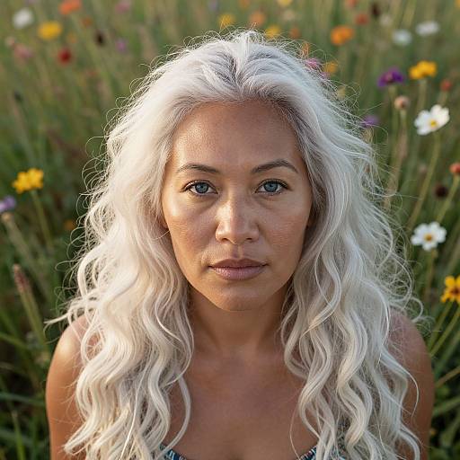Photograph of a woman with long, wavy, white hair, blue eyes, and fair skin, standing in a colorful, sunlit meadow