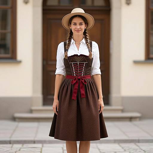 Photograph of a young woman with light skin and brown hair in braids, wearing a white blouse, brown dress with red ribbon, and straw hat