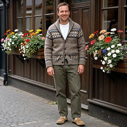 Photograph of a smiling man with short brown hair, wearing a patterned gray cardigan, white t-shirt, olive pants, and tan shoes,