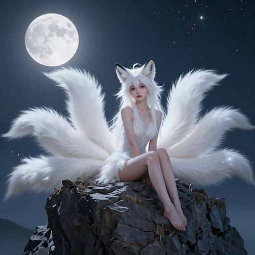 Digital art of a white-haired, fox-eared, nine-tailed woman in white lingerie, sitting on a rocky cliff under a full moon.