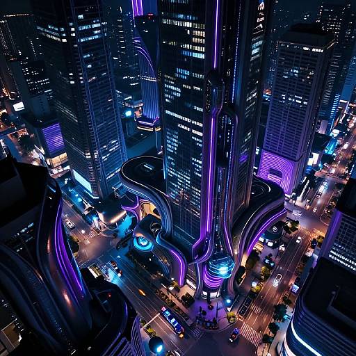 Aerial photograph of a neon-lit, futuristic cityscape at night, featuring towering skyscrapers with vibrant purple and blue lights, curving highways