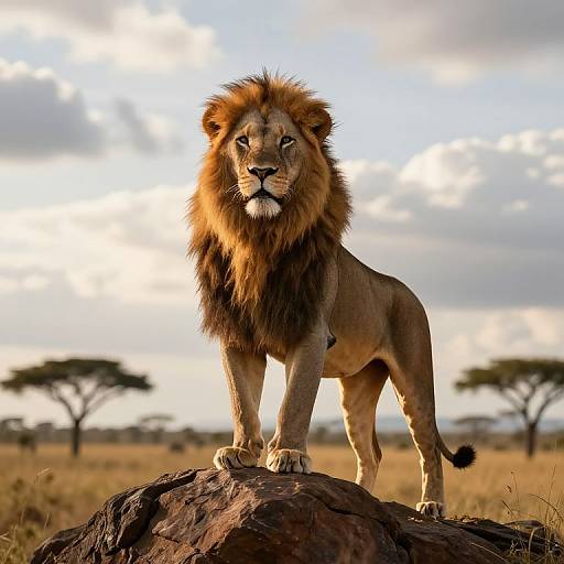 Photograph of a majestic male lion with a dark mane standing on a rock in a sunlit savanna, with acacia trees in the background.
