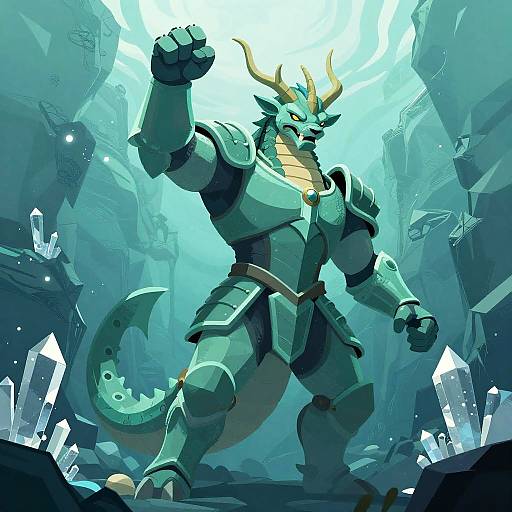 Digital art: A muscular, armored dragon warrior with horns and a tail stands powerfully in a crystalline, blue-lit, ruined temple.