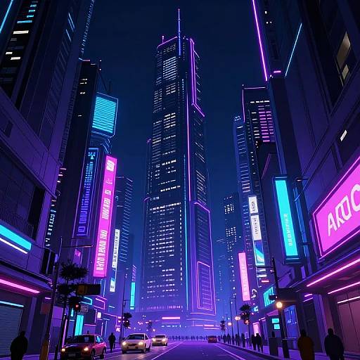 Neon-lit cyberpunk cityscape at night, featuring towering skyscrapers with vibrant pink, blue, and purple signs, and a few cars