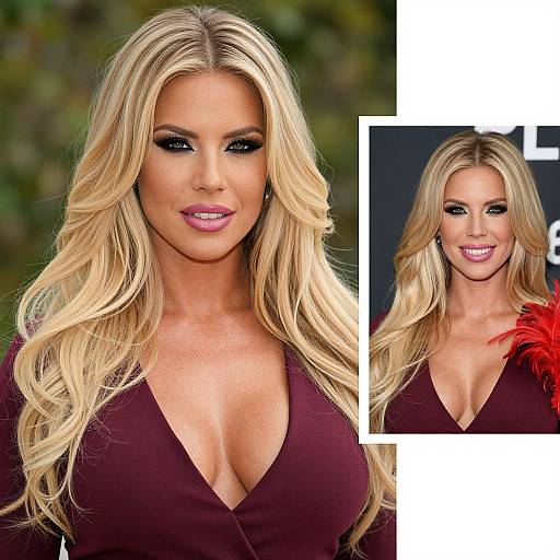 Photograph of a blonde woman with long, wavy hair, wearing a deep burgundy V-neck dress, showcasing her large breasts and smiling with pink