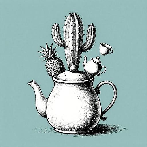 Whimsical Teapot with Cactus and Surreal Items