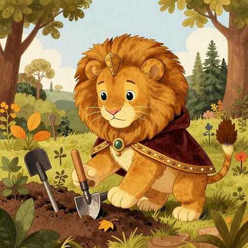 Cute cartoon lion with golden mane, brown cloak, and green gem, gardening with shovel and trowel in vibrant, sunny forest.