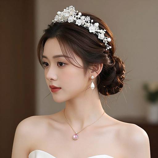 Photograph of an elegant Asian woman with fair skin, dark hair in a bun, white floral headpiece, pearl earrings, pink pendant necklace, red