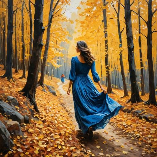 Woman in Blue Dress Walking in Autumn Forest