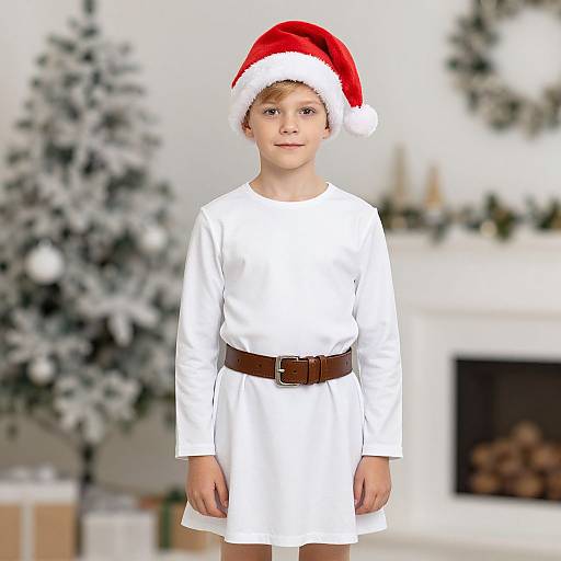 Photograph of a young boy with light brown hair, wearing a white tunic, brown belt, and red Santa hat, standing in a Christmas-de