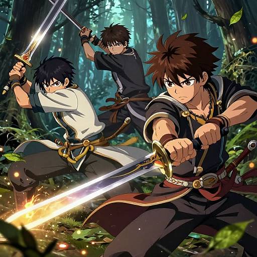 Three anime-style male warriors with spiky hair and determined expressions, wielding glowing swords, fighting in a dense, mystical forest. Dynamic action scene with intense