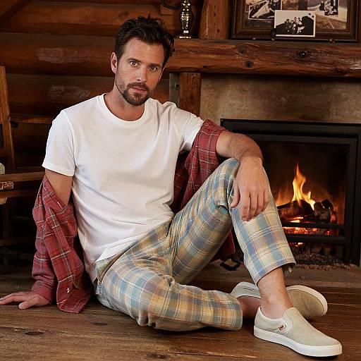 Photograph of a bearded man with short dark hair, wearing a white t-shirt, plaid pajama pants, white sneakers, and red fl