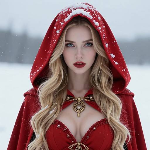 Photorealistic digital art of a blonde woman in a red hooded cloak with snowflakes, revealing a low-cut red dress, set against a