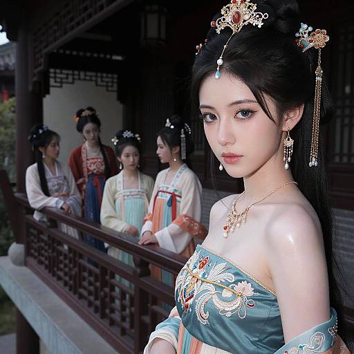 Digital painting of an East Asian woman in ornate, traditional blue and gold off-shoulder dress, with five women in similar attire, standing on