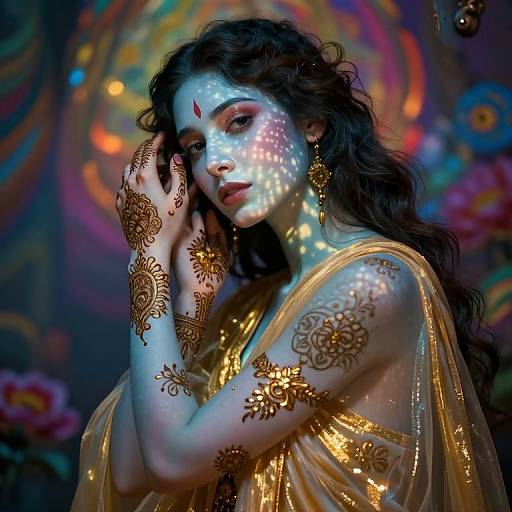 Photograph-style digital art of a blue-faced woman with long, wavy black hair, adorned with gold henna patterns, wearing a golden sheer dress