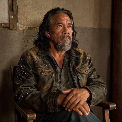 Photograph of a middle-aged, rugged man with gray beard and black hair, wearing a studded leather jacket, sitting thoughtfully in a dimly