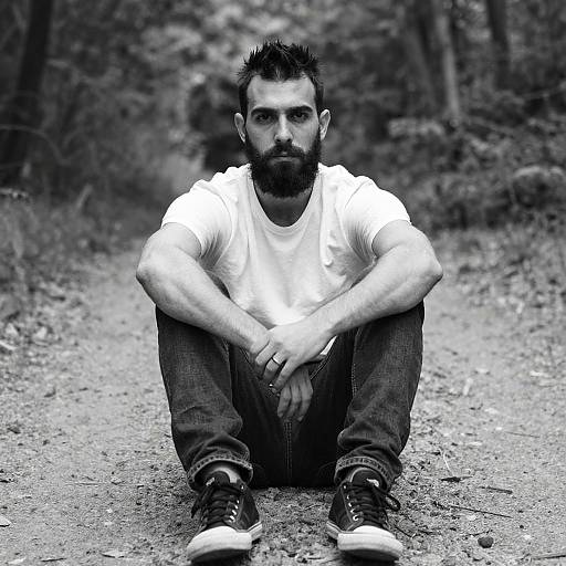 Black-and-white photograph of a bearded man with spiked hair, wearing a white t-shirt, jeans, and sneakers, sitting on a forest path with